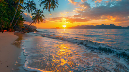 Tropical beach sunset with palm trees and ocean waves - Powered by Adobe