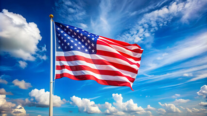 Celebrating America's Independence Day: USA Flag Against Blue Sky. Perfect for: Fourth of July Celebrations, Patriotic Events, National Holidays, Social Media Posts, Event Invitations.