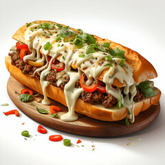 Hot dog with melted cheese and vegetables on a wooden board. 3d illustration