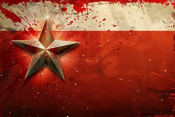 red star, reminiscent of Soviet propaganda posters, set against a textured grunge background in sharp focus. The color palette features vibrant red and white tones