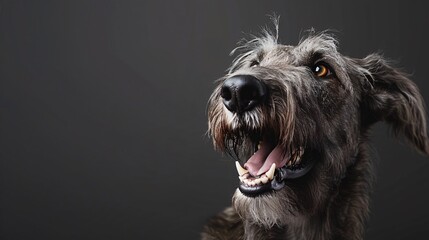 Photograph of an adorable Celtic Wolfhound canine, set apart on a set backdrop.