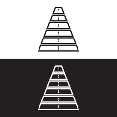 Pyramids line icon set for infographics. Triangles outline with 6 levels. Hierarchy design graphic elements. Isolated on white  and black background. EPS 10/AI