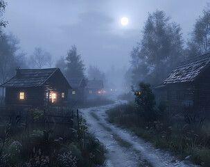 Halloween concept of haunted village dark and foggy scary atmosphere 3d rendering High quality photo