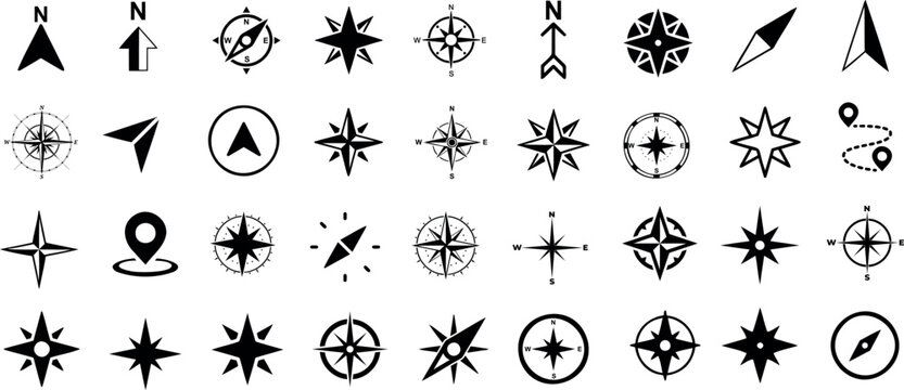 compass icon collection, compass vector illustrations for map, travel, Cartography, adventure themes. Diverse styles: classic, modern, abstract. Direction symbols on white