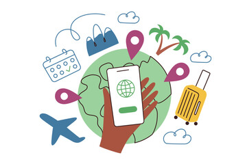 Planning travel composition, globe with location icons, hand with smartphone, vector illustration of mobile app for tourists, website for travelers, organizing vacation, suitcase, calendar doodles