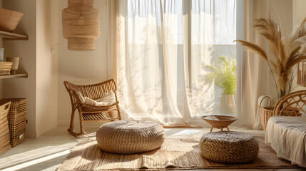 daylight through a huge panoramic window illuminates the cozy oriental interior of the room in beige colors with wicker furniture and authentic elements : Generative AI