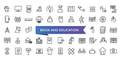 Book and Education icon collection. Related to library, read, author, journal, reading, bookshelf, magazine, e-book and more. Vector Line icons set.