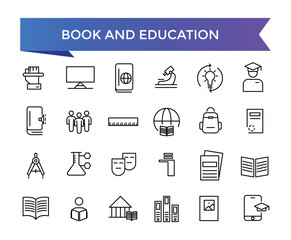 Book and Education icon collection. Related to library, read, author, journal, reading, bookshelf, magazine, e-book and more. Vector Line icons set.