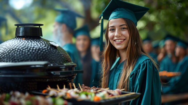 Smiling female graduate cooking on outdoor barbecue at graduation party, surrounded by classmates in caps and gowns