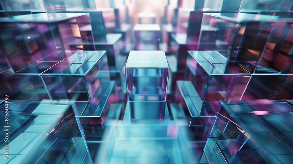Poster a set of metal, glass and digital building blocks that fit together, an abstract environment compose