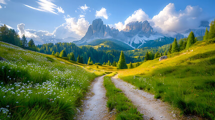 Mountain path through lush green meadow