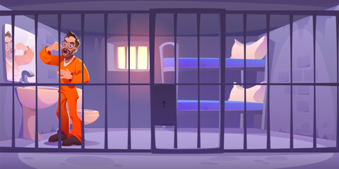 Prisoner in jail cell. Criminal man character arrest in room with lock door. Behind steel cage interior with window, bed, mirror and toilet. Single inmate in jailhouse building for punishment concept