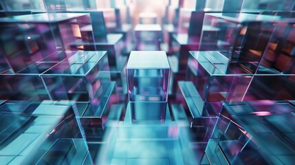 A set of metal, glass and digital building blocks that fit together, an abstract environment composed of these blocks. Deep color. Generative AI.