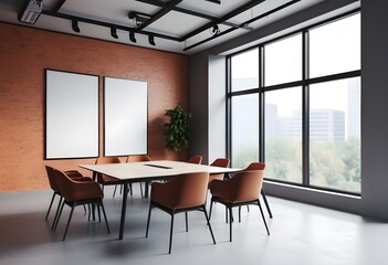 Office meeting room interior with chairs and table,open space,Mock up wall, window.