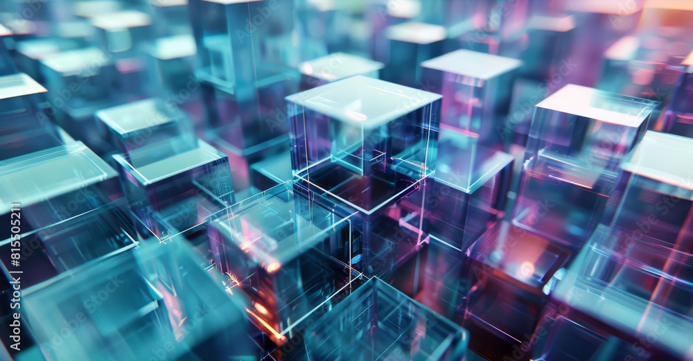 Poster a set of metal, glass and digital building blocks that fit together, an abstract environment compose