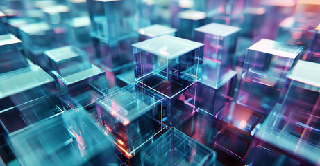 A set of metal, glass and digital building blocks that fit together, an abstract environment composed of these blocks. Deep color. Generative AI.