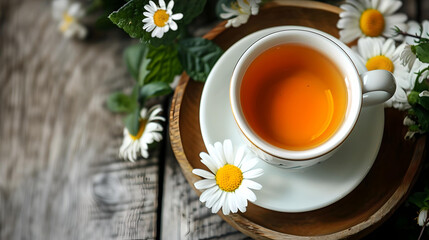 Cup of Tea with Chamomile Flowers on Wooden Table