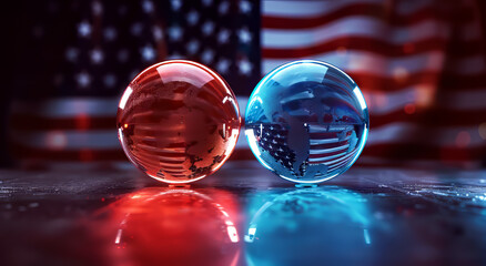 Red and blue globes reflecting an American flag, symbolizing political or international themes on a reflective surface