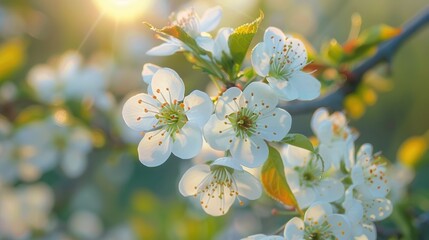 Close-up of white cherry blossoms in bloom. Macro shot with natural background.