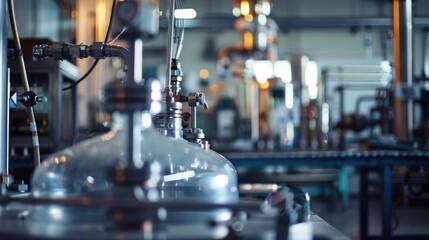 Industrial brewery equipment close-up with stainless steel tanks and pipes.