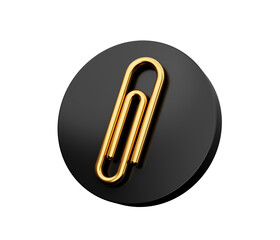 Golden Paper Clip Icon on black circle with gold shine 3d illustration