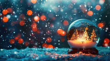 Snowy winter scene in a snow globe with Christmas tree and lights. - Powered by Adobe