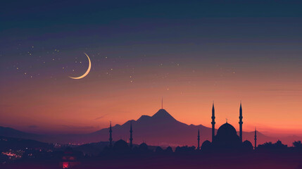 Mosque with crescent moon at twilight.