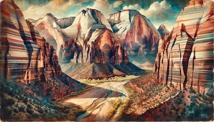 A depiction of Zion National Park, focusing on its geological wonders through time.