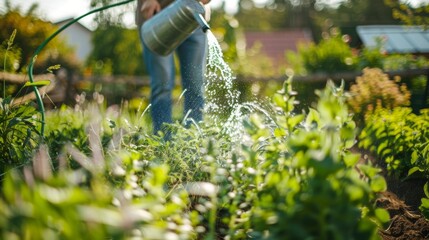 A woman is standing in a garden, watering plants with a watering can on a sunny day.