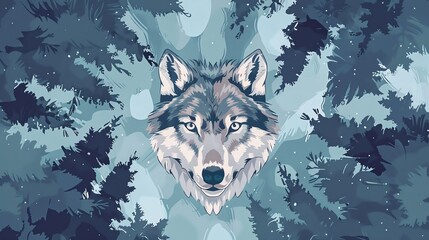 Wolf in forest flat design, top view, wolf theme, water color, Complementary Color Scheme