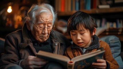 Elderly Asian Man Reading a Book with Young Boy in Warm Light. World Book and Copyright Day