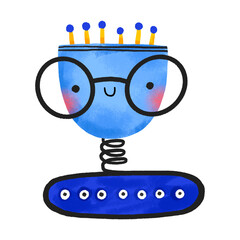 Robotic character with glasses and wheels, antennas. Cartoon futuristic cyborg. Electronic toys. Hand drawn kids illustration on isolated background