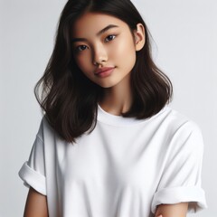 A woman with dark hair wearing a white t shirt mockup image harmony.