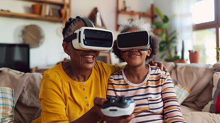 black and home and wearing gaming goggles grandmother grandchild headset african american at vr