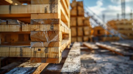 Wooden pallets in warehouse, closeup of photo. Industrial background