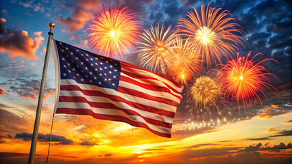 American Celebration: USA Flag and Fireworks Against Sunset Sky. Perfect for: Independence Day Celebrations, Patriotic Events, National Holidays, Social Media Posts, Event Flyers, Patriotic Promotions