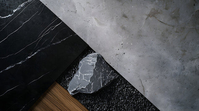top view of interior luxury sample materials including black and gery marble stones wooden vinyl flooring tiles grainy quartz ceramic tiles isolated on background with clipping path : Generative AI