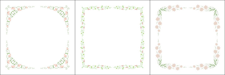 Set of three vegetal vector frames with pink flowers. Square frames. Vector frame for all sizes and formats. Isolated vector illustration.