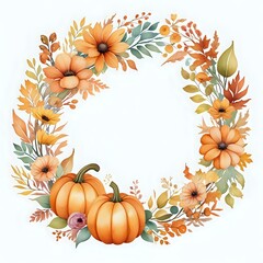 A wreath of flowers and pumpkins with a yellow background