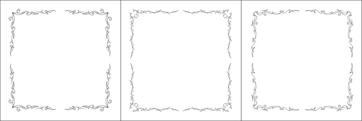 Set of three vector frames. Elegant black and white monochrome ornamental corners for greeting cards, banners, invitations. Vector frame for all sizes and formats. Isolated vector illustration.