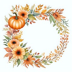 A flowery design with a pumpkin in the center. The pumpkin is orange and has a stem. The flowers are also orange and are arranged in a circle. Scene is warm and festive, likely for the fall season