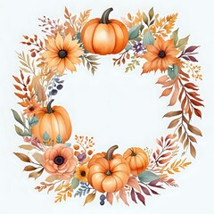 A wreath of flowers and pumpkins with a yellow background