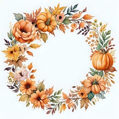 A wreath of flowers and pumpkins with a yellow background