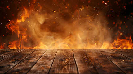 Wooden table with Fire burning at the edge of the table, fire particles, sparks, and smoke in the air. Generative AI illustration 