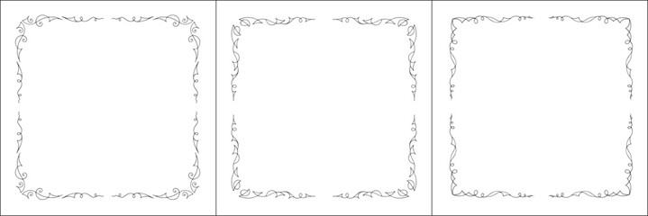 Set of three vector frames. Elegant black and white monochrome ornamental corners for greeting cards, banners, invitations. Vector frame for all sizes and formats. Isolated vector illustration.