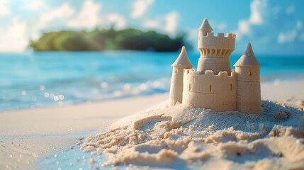 A beach landscape with a sand castle and small island under a cloudy sky