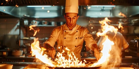 A chef in a highend restaurant kitchen, flambeing a dish with dramatic flames rising around it