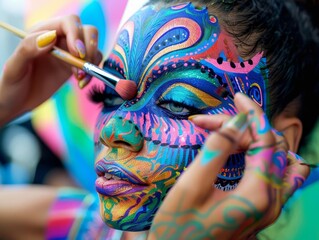 A closeup of a makeup artist applying vibrant, intricate face paint on a model, with a colorful and artistic background