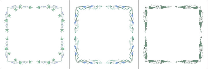Set of three green vegetal vector frames with blue flowers and leaves. Square frames. Vector frame for all sizes and formats. Isolated vector illustration.	
