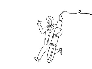 大きな万年筆を持って走るスーツを着た男性の全身、線画